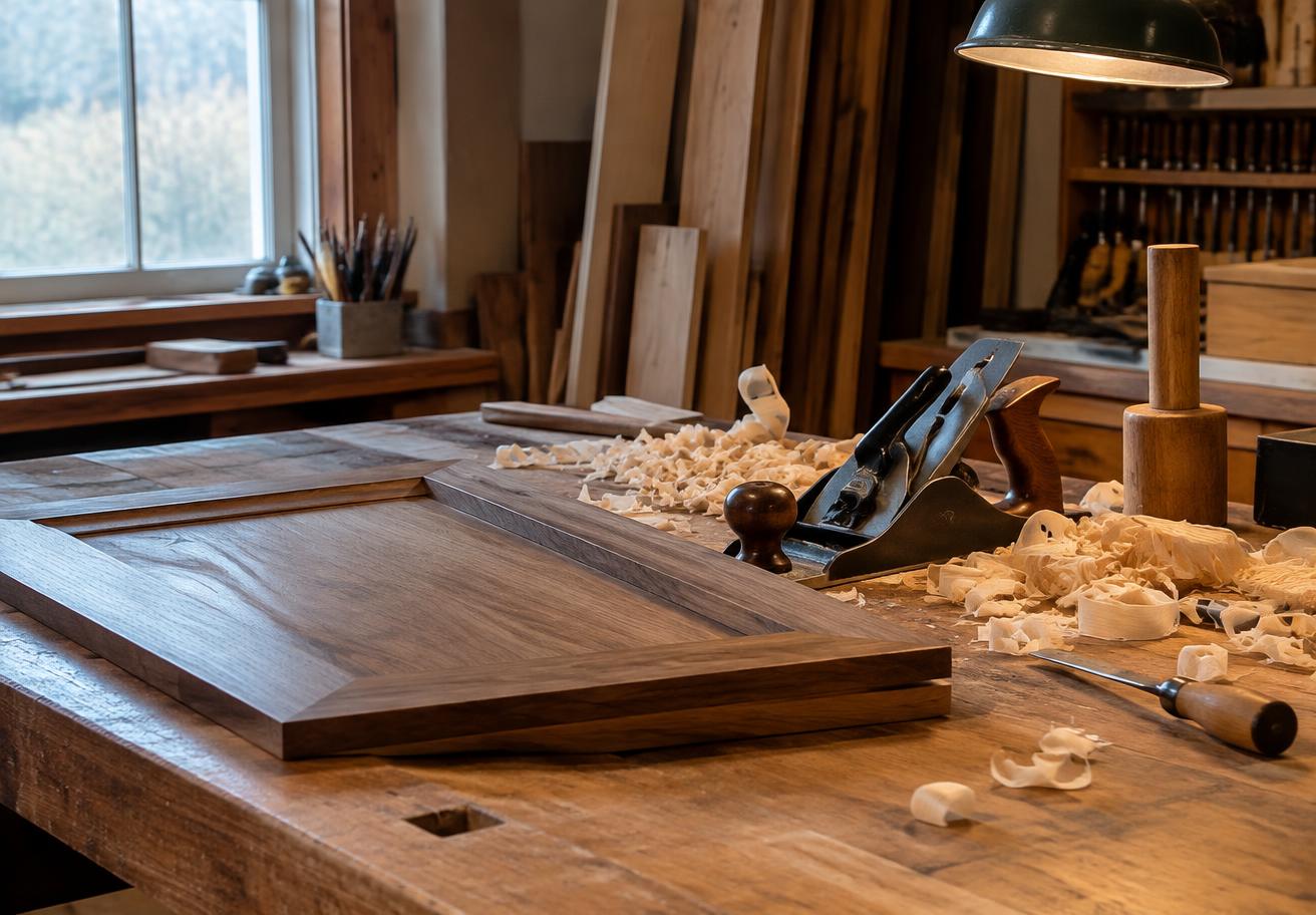 Woodworking bench with a cabinet door and tools